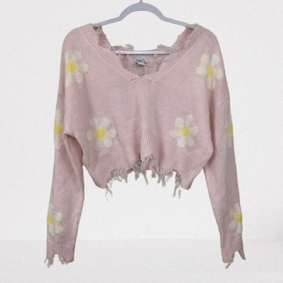 Rue 21 Light Pink Cropped Oversized Frayed  Hem Daisy Print Knit Sweater Size S - Picture 1 of 7